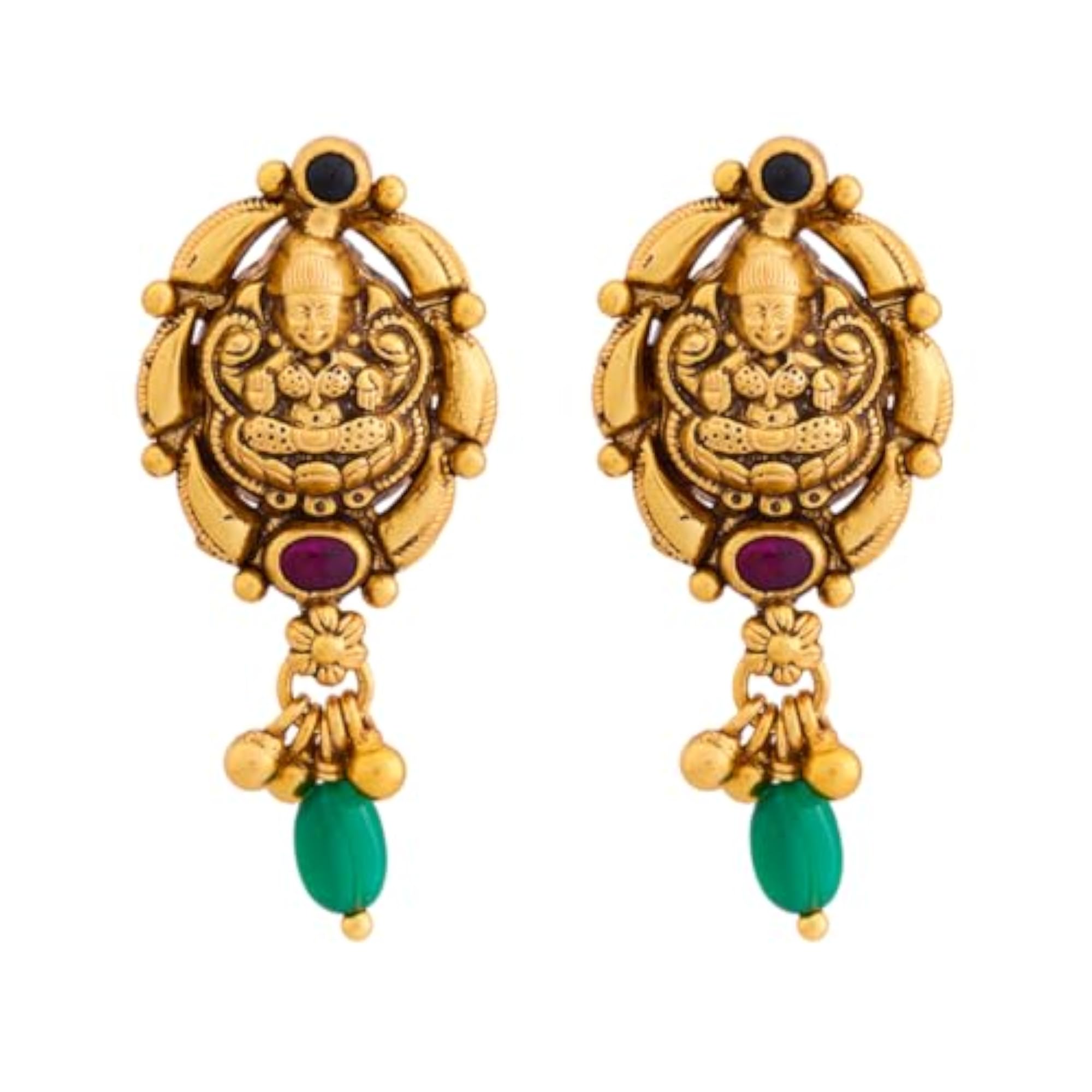 Women's Ruby-Green Oxidised Gold Plated Temple Stud Earring Set